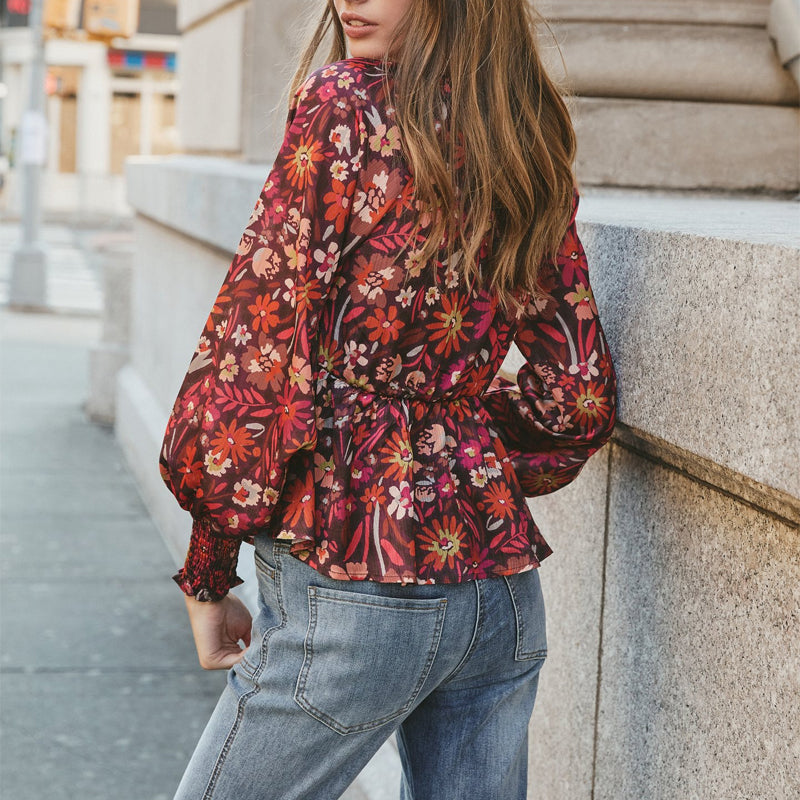 Printed Bow Tie High Waist Long Sleeve Top