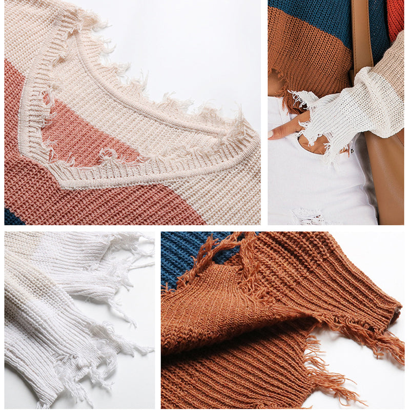 V-neck Irregular Frayed Cropped Sweater