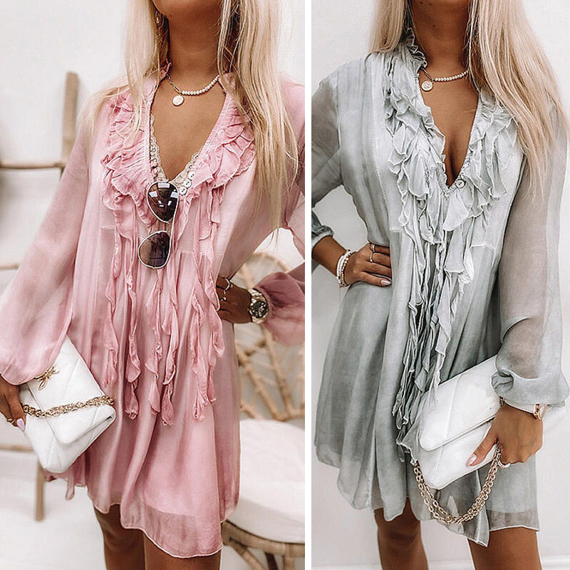 V-Neck Solid Chiffon Mini Dress