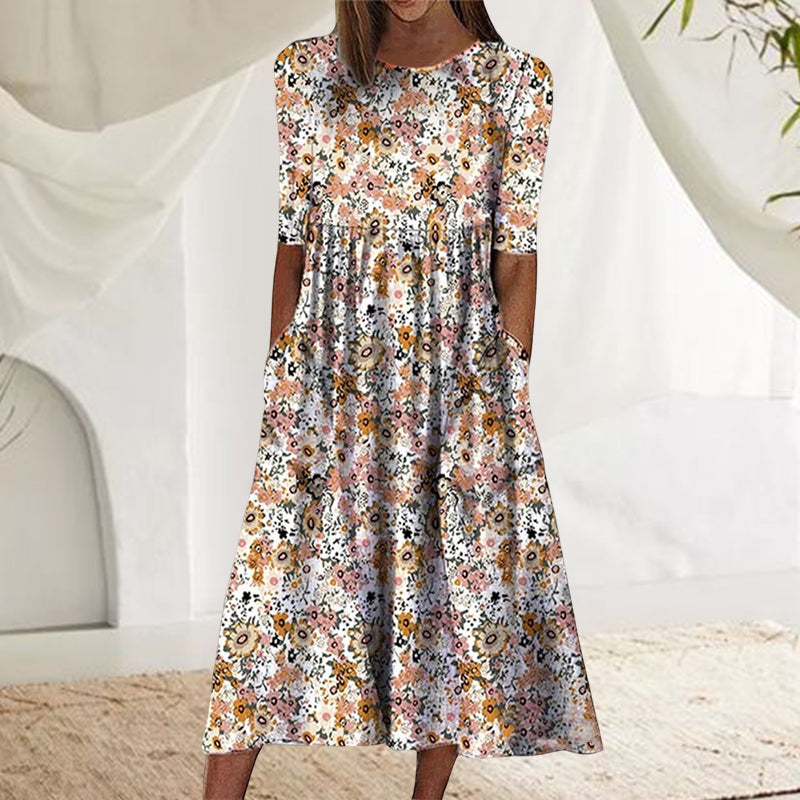 Printed Crew Neck Pocket Dress