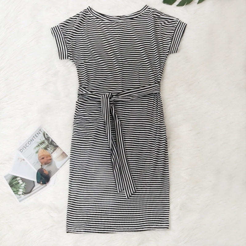 Crew Neck Short Sleeve Tunic Striped Dress