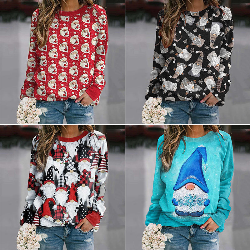 Christmas Print Crewneck Long Sleeved Fleece Sweatshirt