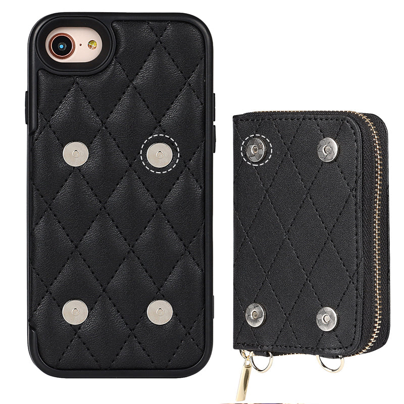 iPhone Phone Case Quilted Leather Wallet Case Card Holder with Crossbody Strap