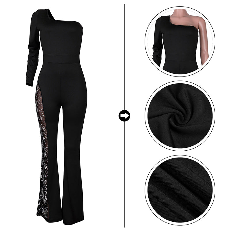 One Shoulder Sequined Mesh Paneled Party Jumpsuit