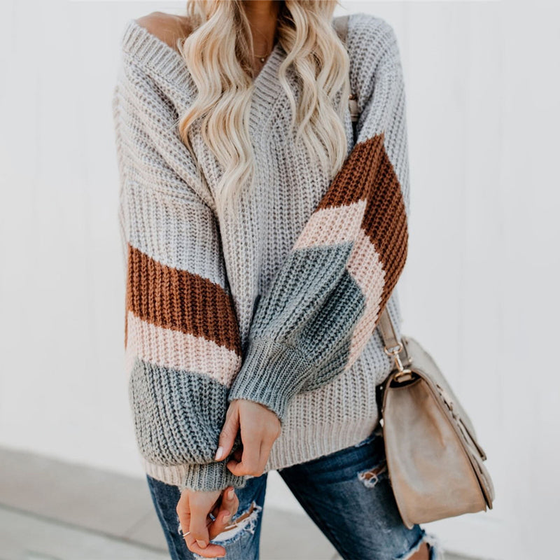 V-Neck Balloon Sleeve Striped Colorblock Knit Sweater
