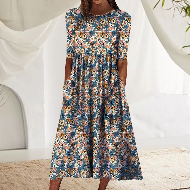 Printed Crew Neck Pocket Dress