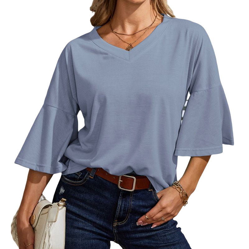 Plain V-neck flared T-shirt