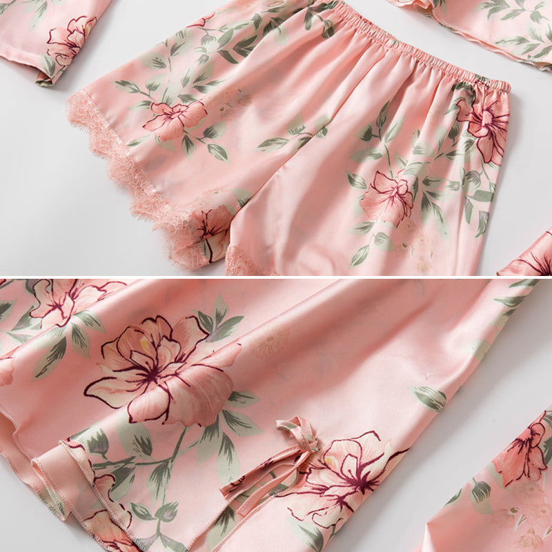 Sexy Lace Floral Printing Silk Pajamas Set