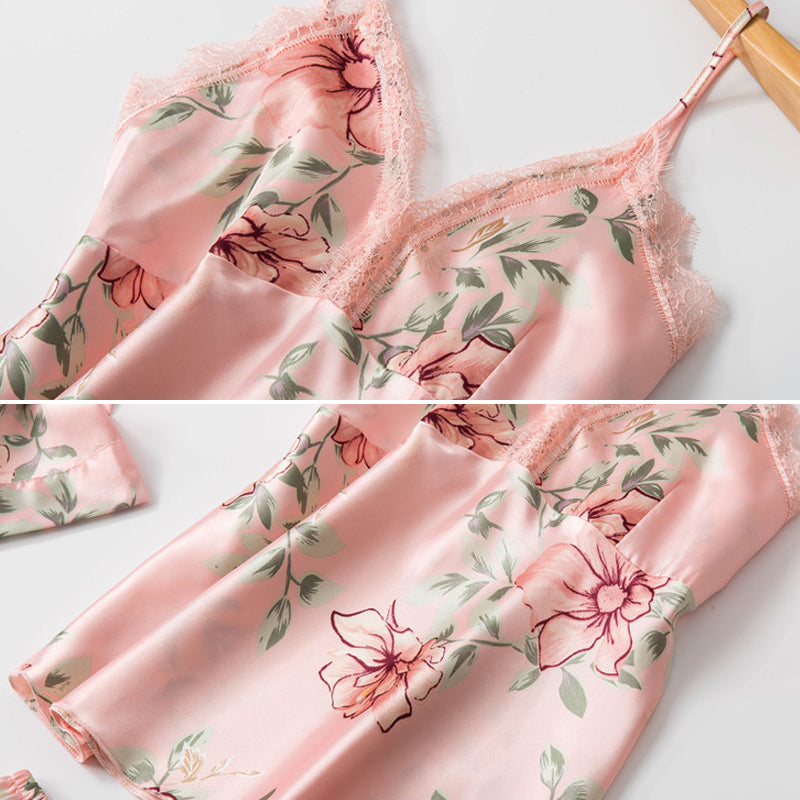 Sexy Lace Floral Printing Silk Pajamas Set