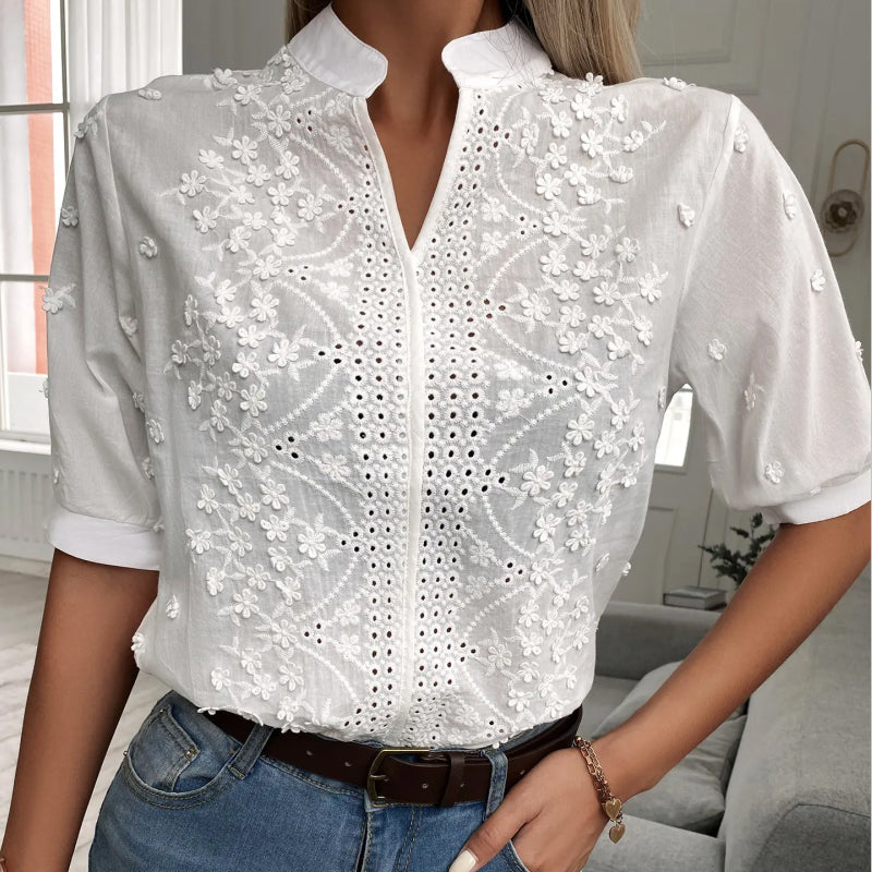Floral Pattern Eyelet Embroidery Half Sleeve Top