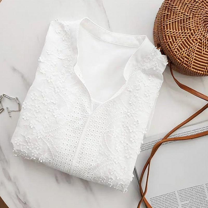 Floral Pattern Eyelet Embroidery Half Sleeve Top