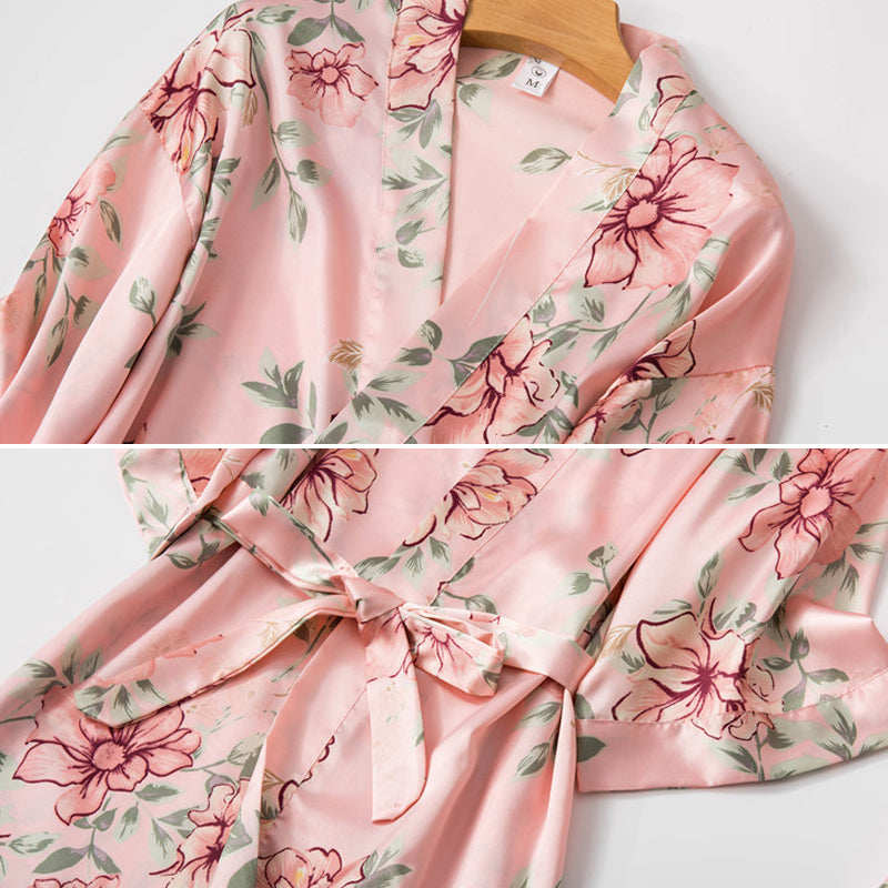 Sexy Lace Floral Printing Silk Pajamas Set