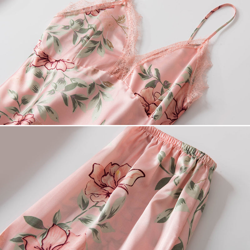 Sexy Lace Floral Printing Silk Pajamas Set
