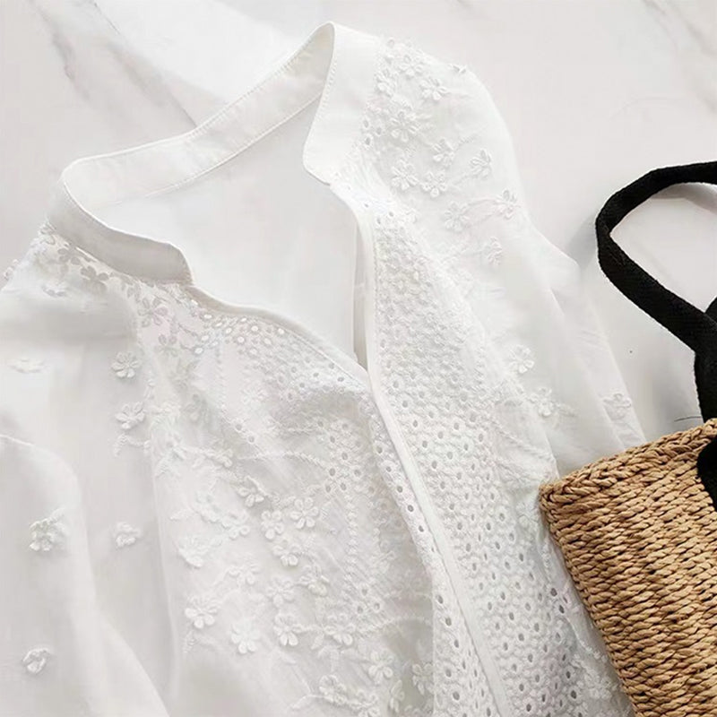 Floral Pattern Eyelet Embroidery Half Sleeve Top
