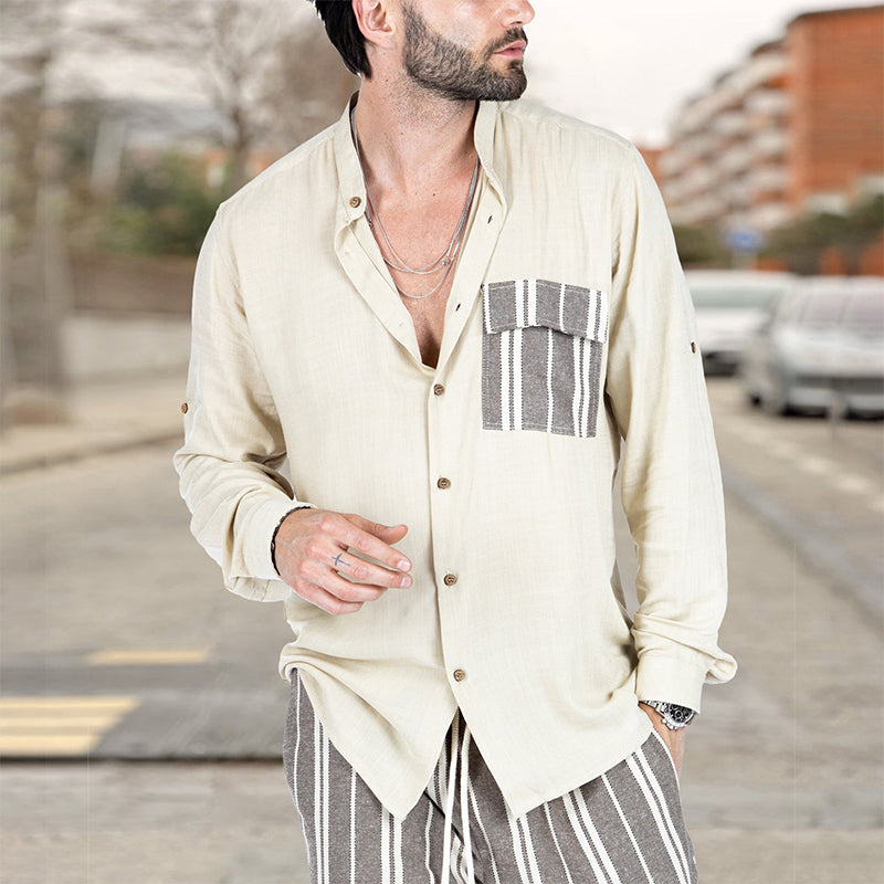 Men's Summer Color Contrast Patchwork Lapel Casual Shirt