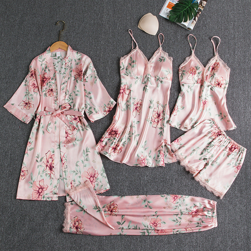 Sexy Lace Floral Printing Silk Pajamas Set