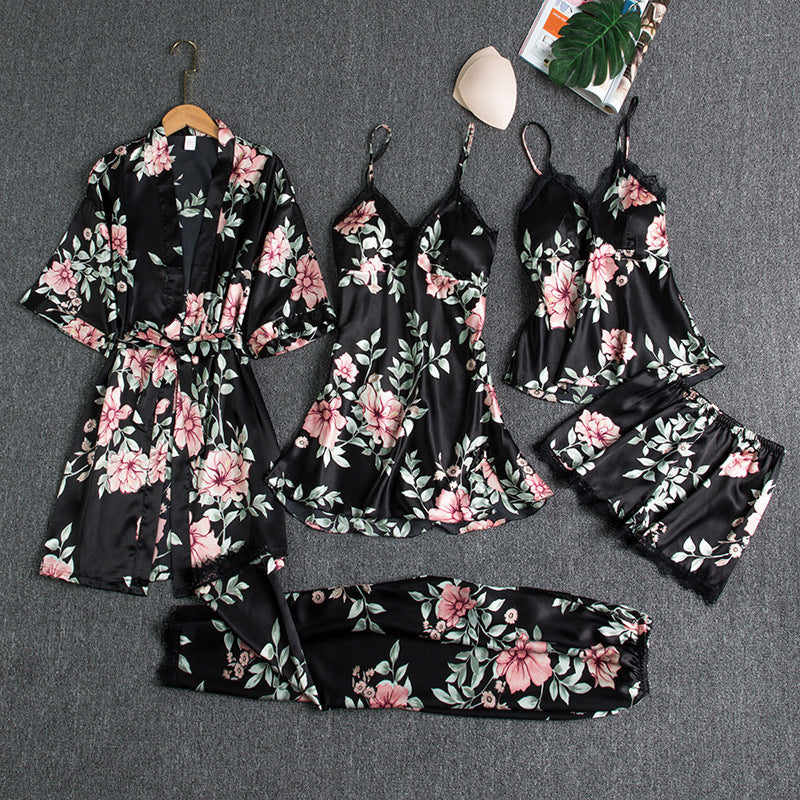 Sexy Lace Floral Printing Silk Pajamas Set