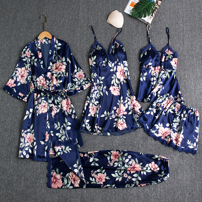 Sexy Lace Floral Printing Silk Pajamas Set