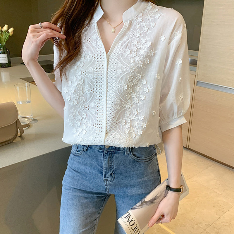 Floral Pattern Eyelet Embroidery Half Sleeve Top