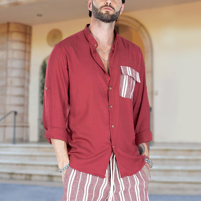 Men's Summer Color Contrast Patchwork Lapel Casual Shirt
