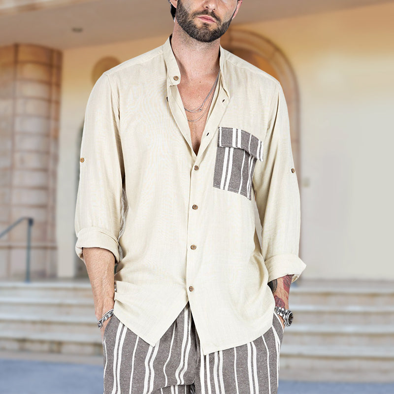 Men's Summer Color Contrast Patchwork Lapel Casual Shirt