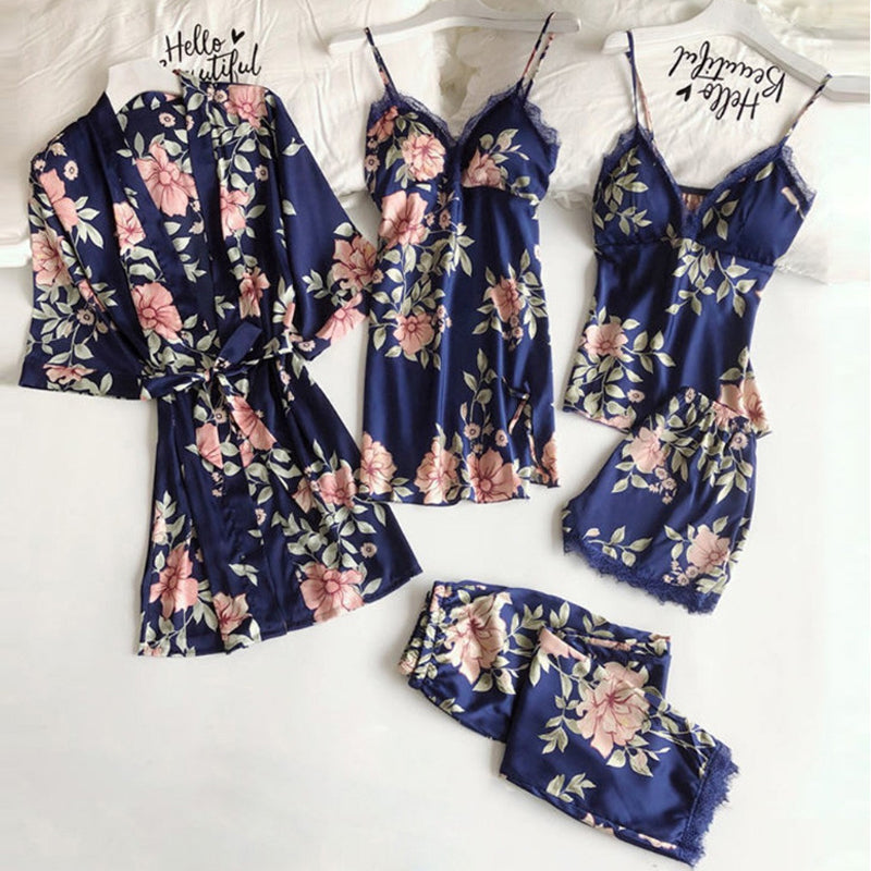 Sexy Lace Floral Printing Silk Pajamas Set
