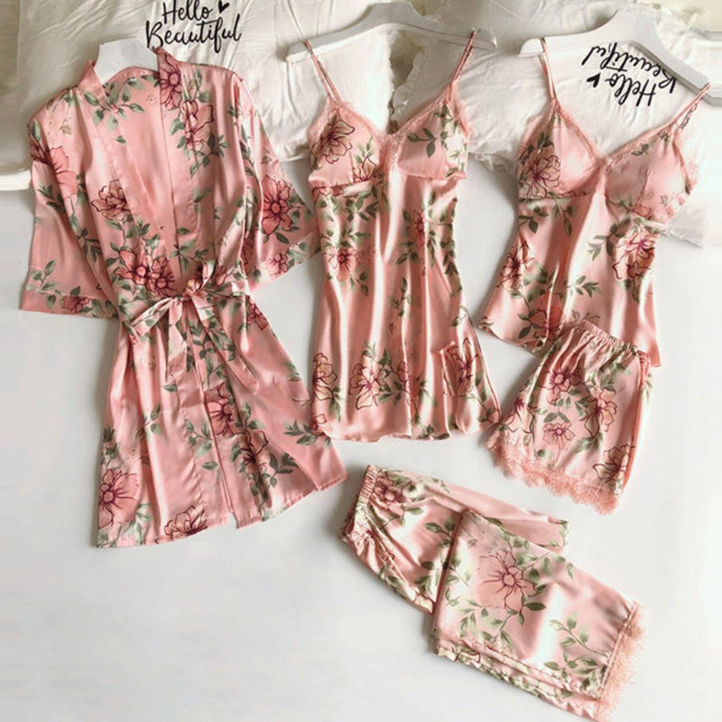 Sexy Lace Floral Printing Silk Pajamas Set