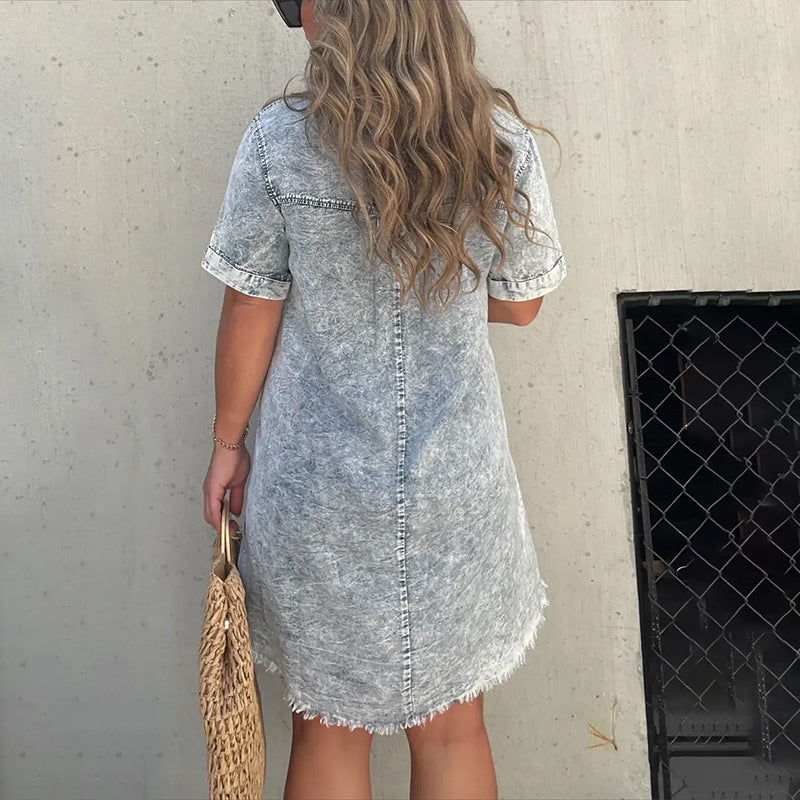 Denim Skirt Dress with Fringed Hem