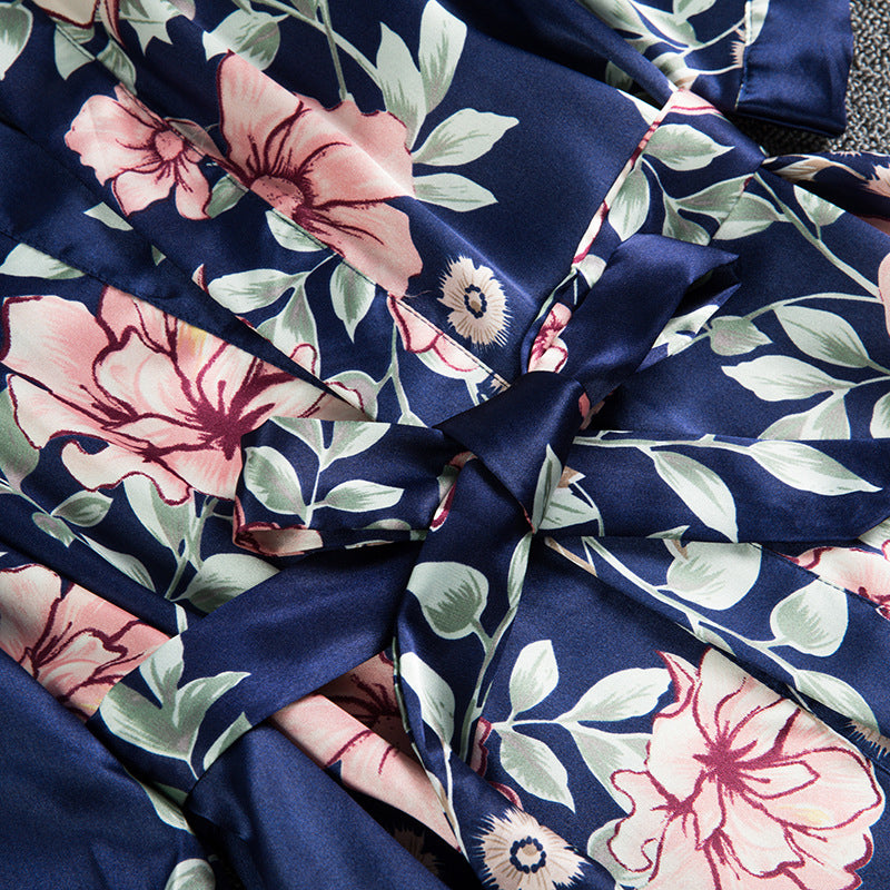 Sexy Lace Floral Printing Silk Pajamas Set