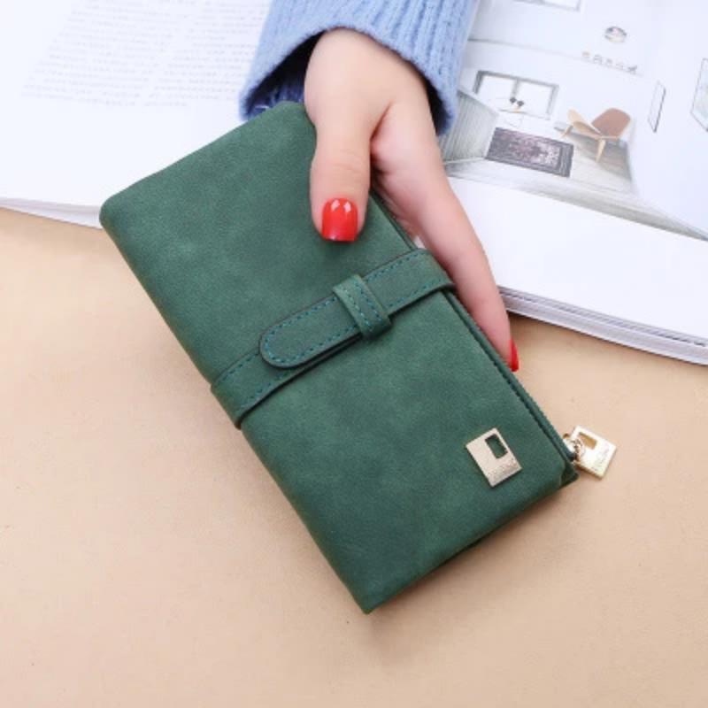 Women Drawstring Nubuck Leather Zipper Two Fold Wallet