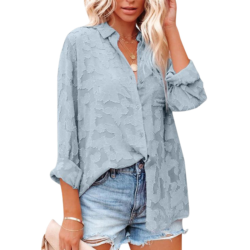 Solid Color Cutout Chiffon Jacquard Button Long Sleeve Shirt