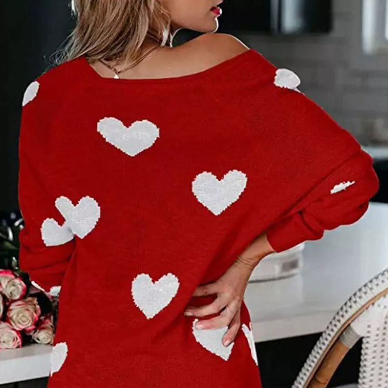 Heart V-Neck Knit Long Sleeve Sweater