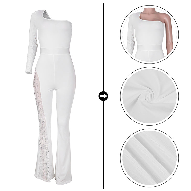 One Shoulder Sequined Mesh Paneled Party Jumpsuit