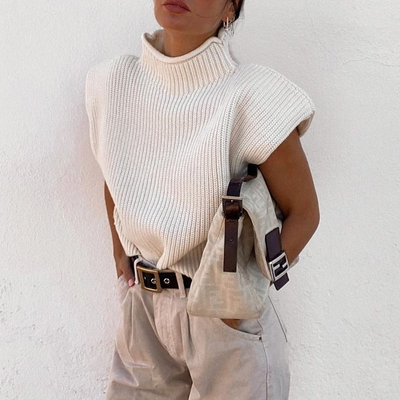 Solid Color Sleeveless Turtleneck Sweater