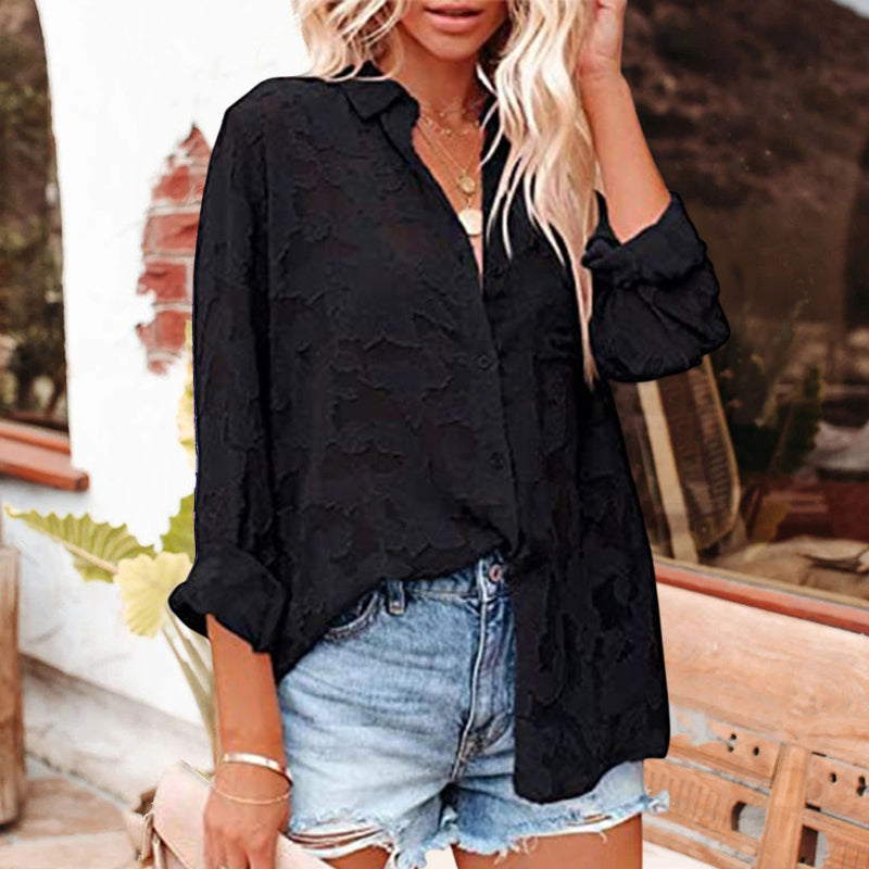 Solid Color Cutout Chiffon Jacquard Button Long Sleeve Shirt