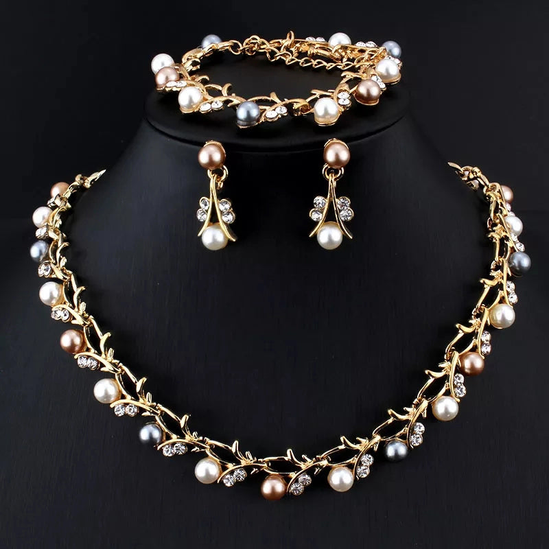 Three-Piece Pearl Earring Necklace Bracelet