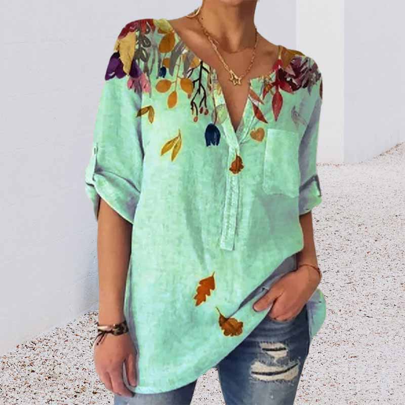 Loose Print V-Neck 3/4 Sleeve Shirt
