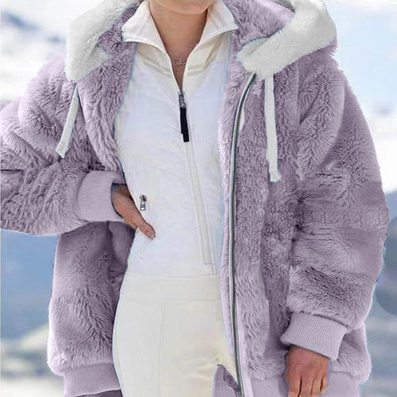 Women Loose plush zipper hooded jacket