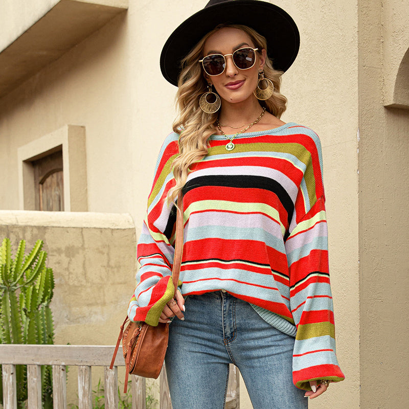 Women's Colorful Striped Crewneck Loose Knit Sweater