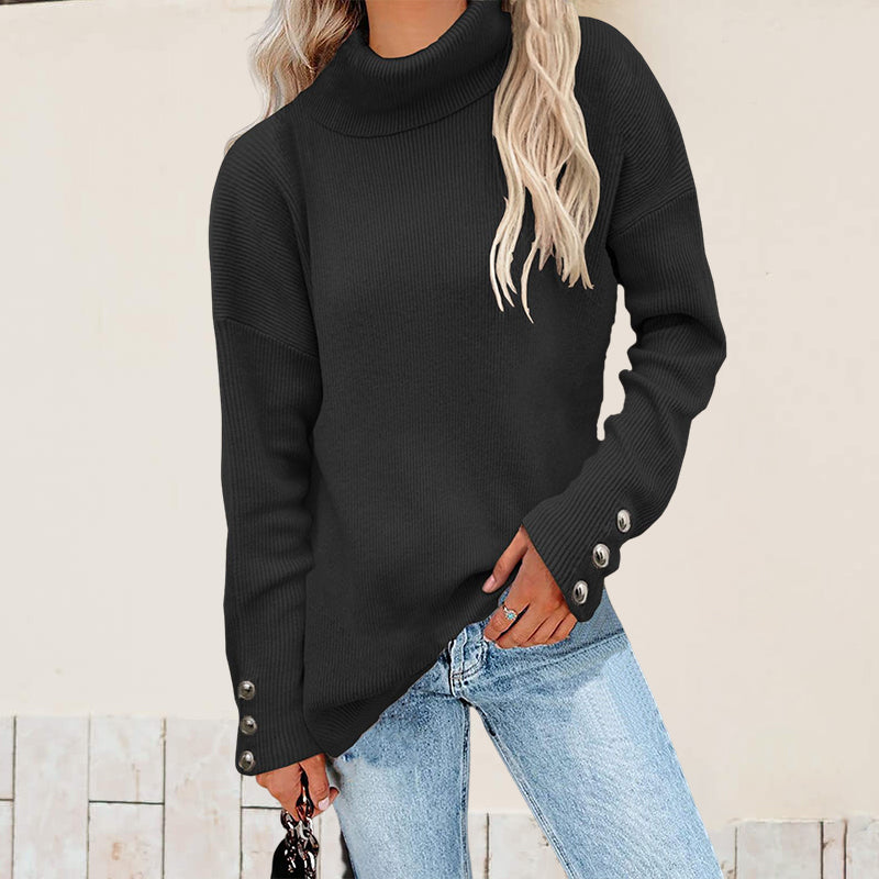 Turtleneck Knit Button Solid Sweater