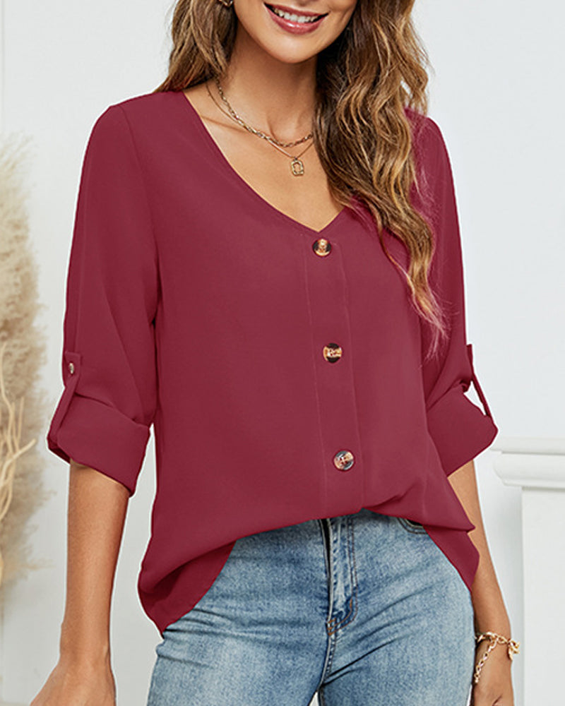 Solid V-Neck Button-Up Shirt