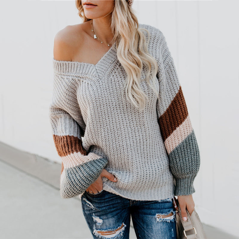 V-Neck Balloon Sleeve Striped Colorblock Knit Sweater