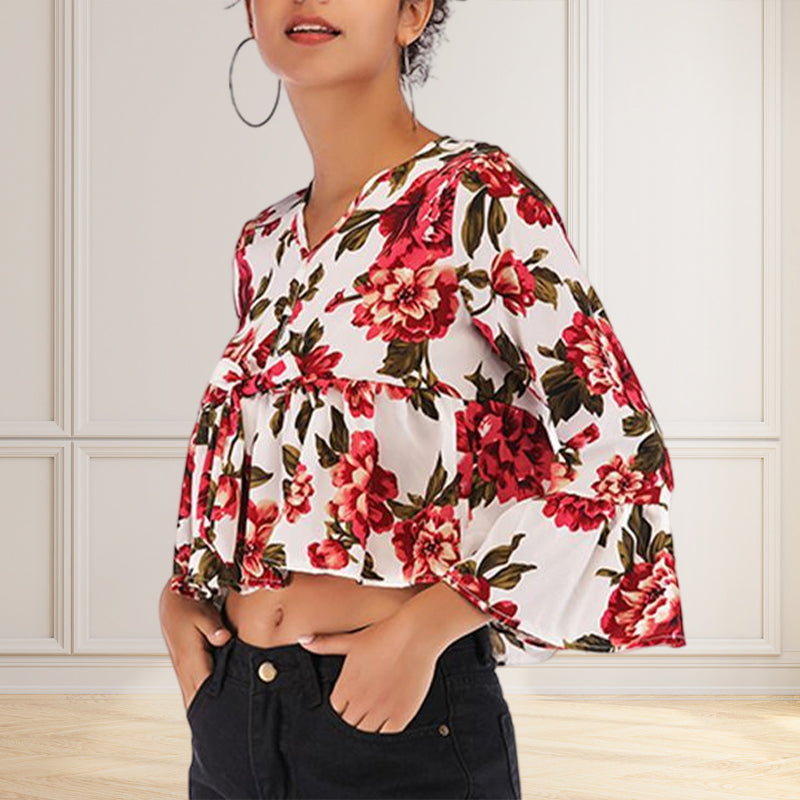 Ladies Summer V-Neck Flared Sleeve Printed Chiffon Shirt