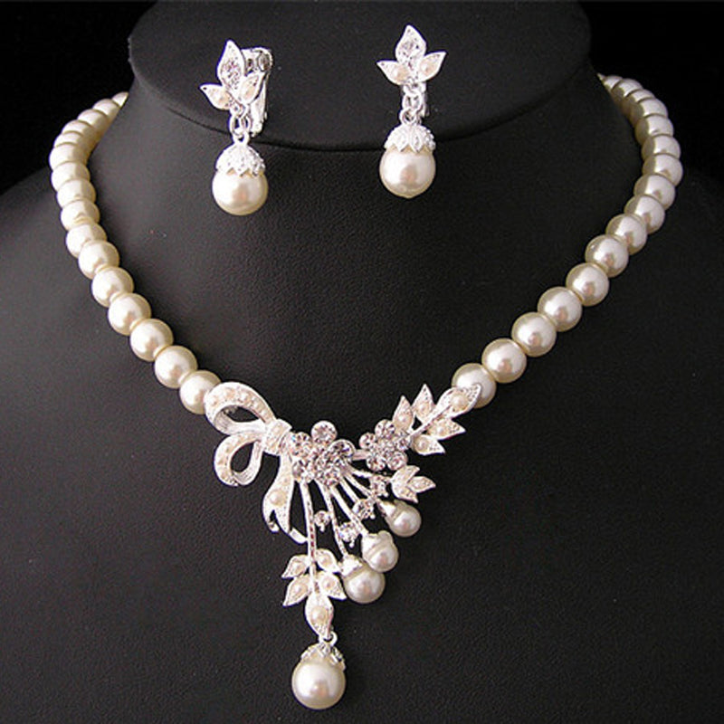 Crystal Diamond Pearl Necklace and Earring Set