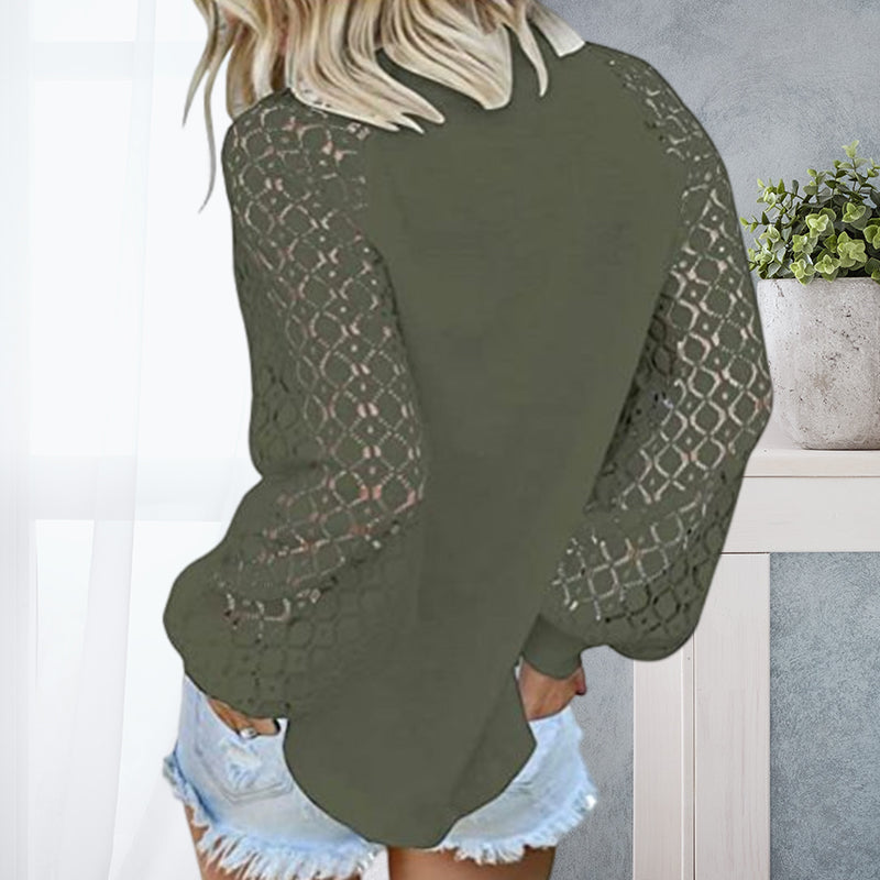 Round Neck Long Sleeve Lace Panel Loose T-Shirt