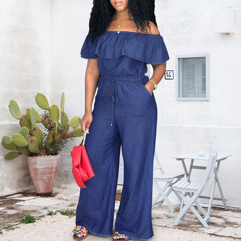 Foldover Ruffle Trim Drawstring Denim Jumpsuit