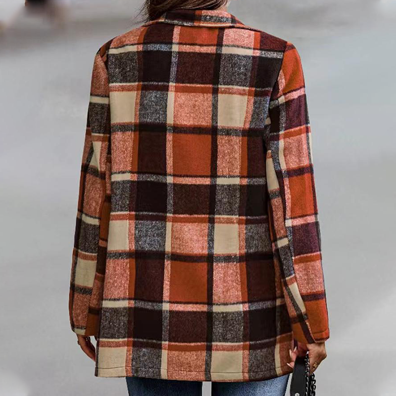 Check Print Long Sleeve Pocket Wool Jacket