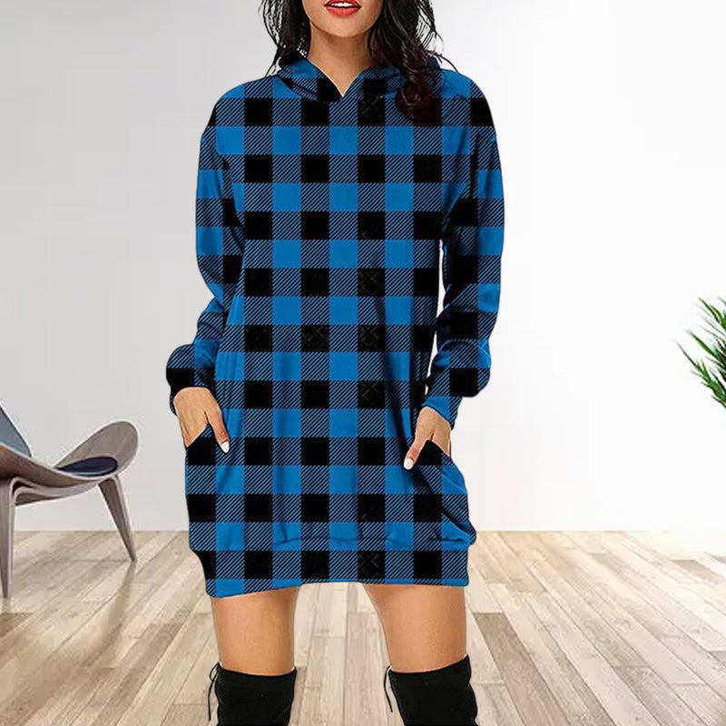 Printed Plaid Midi Pocket Hooded Long Sleeve Sweatshirt
