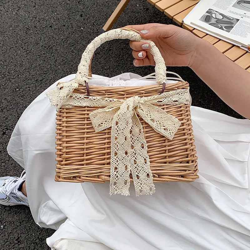 Faux Pearl Handle Straw Square Bag