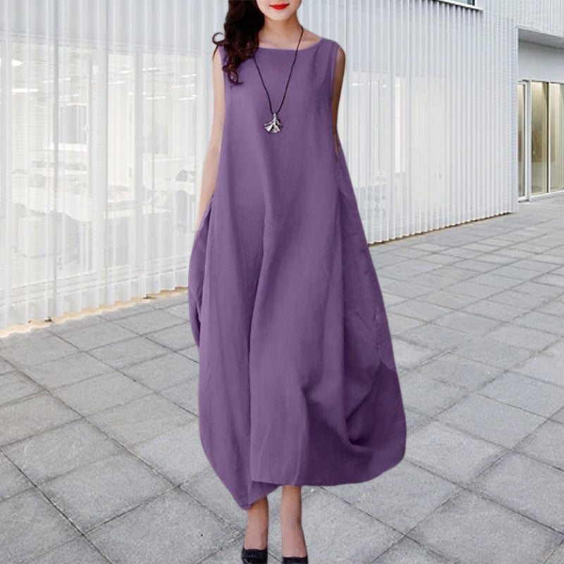 Solid Color Round Neck Dress